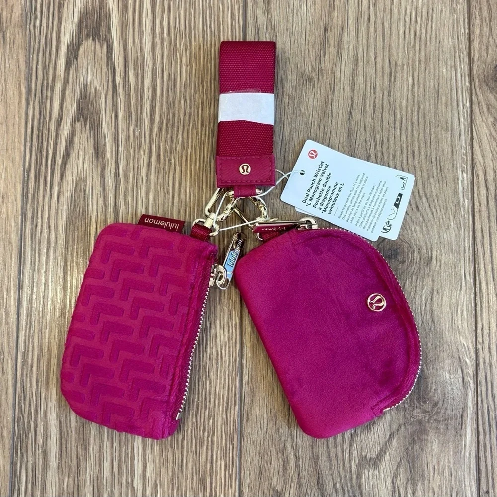 NWT Lululemon Dual Pouch Wristlet *L Monogram Velvet In Berry Rumble